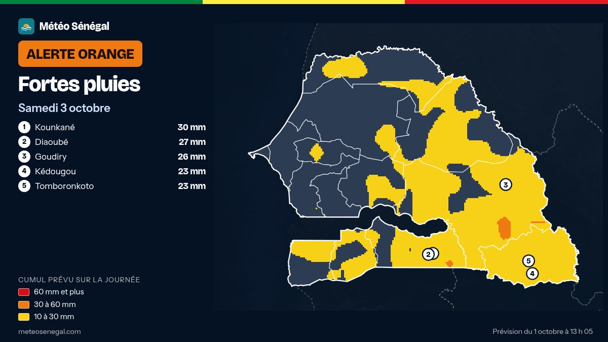Carte du cumul de pluie prévu : Fortes pluies