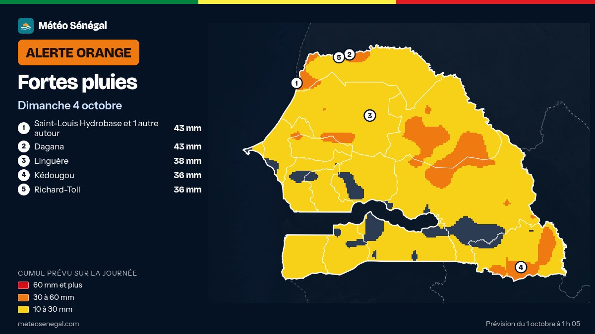 Carte du cumul de pluie prévu : Fortes pluies