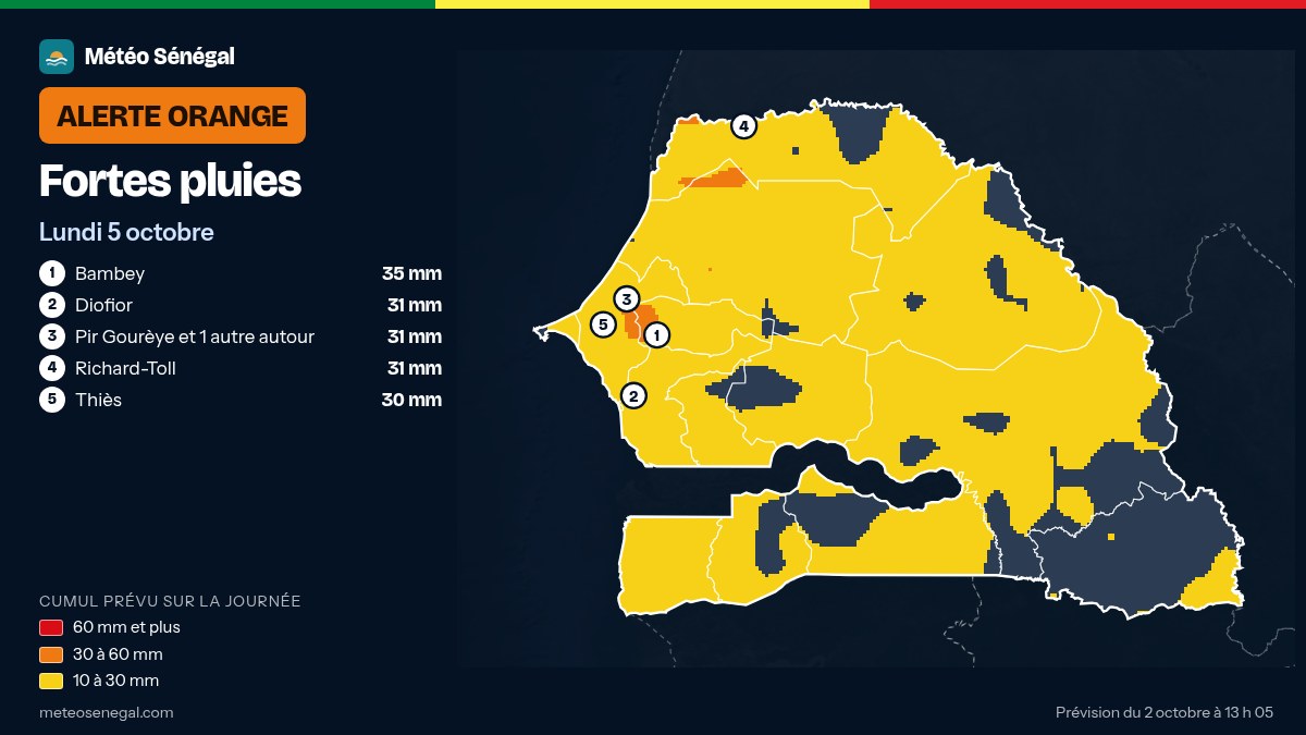 Carte du cumul de pluie prévu : Fortes pluies