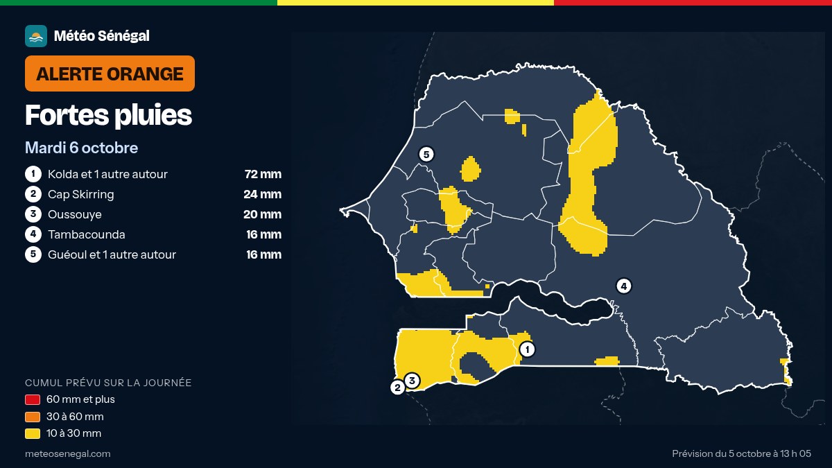 Carte du cumul de pluie prévu : Fortes pluies